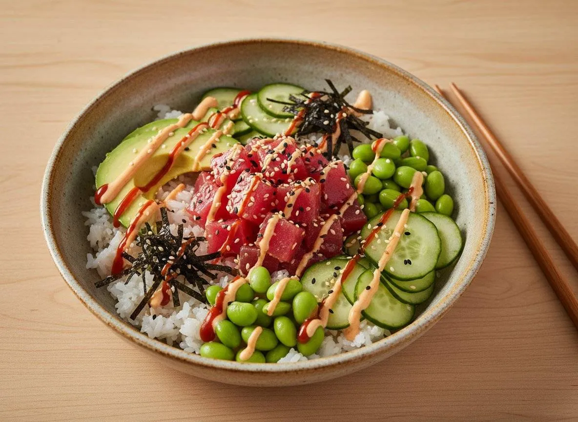 Spicy Tuna Rice Bowl with Avocado and Edamame | 34g Protein high-protein recipe