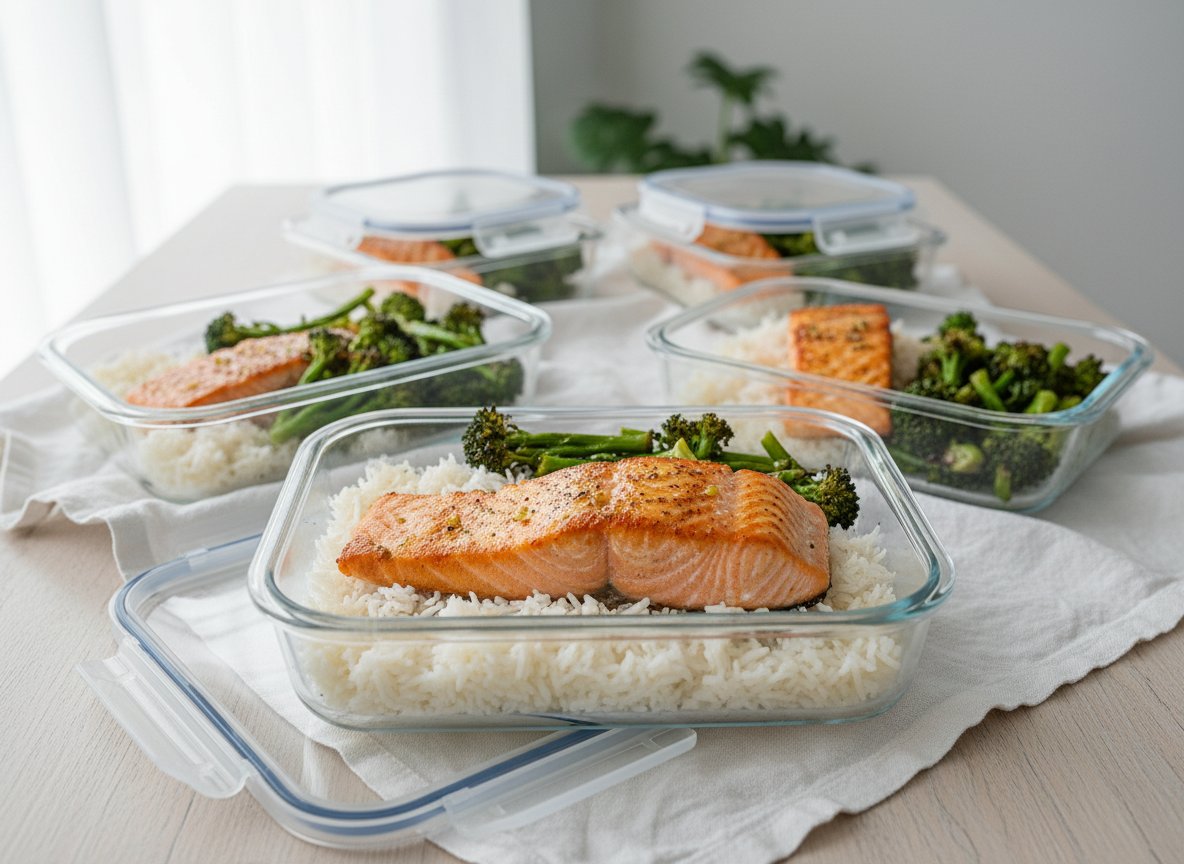 Salmon Rice and Broccoli Meal Prep  -  44g Protein per Bowl